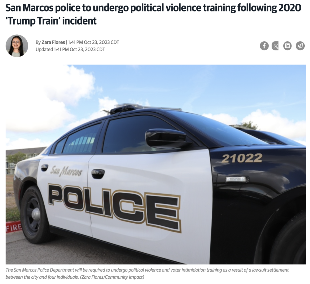 Update BREAKING: San Marcos P.D. SETTLES Lawsuit + Undergoes "Political Violence Training" Following 2020 Biden Bus Trump Train - Mesaroses VOW TO KEEP FIGHTING BACK. Image