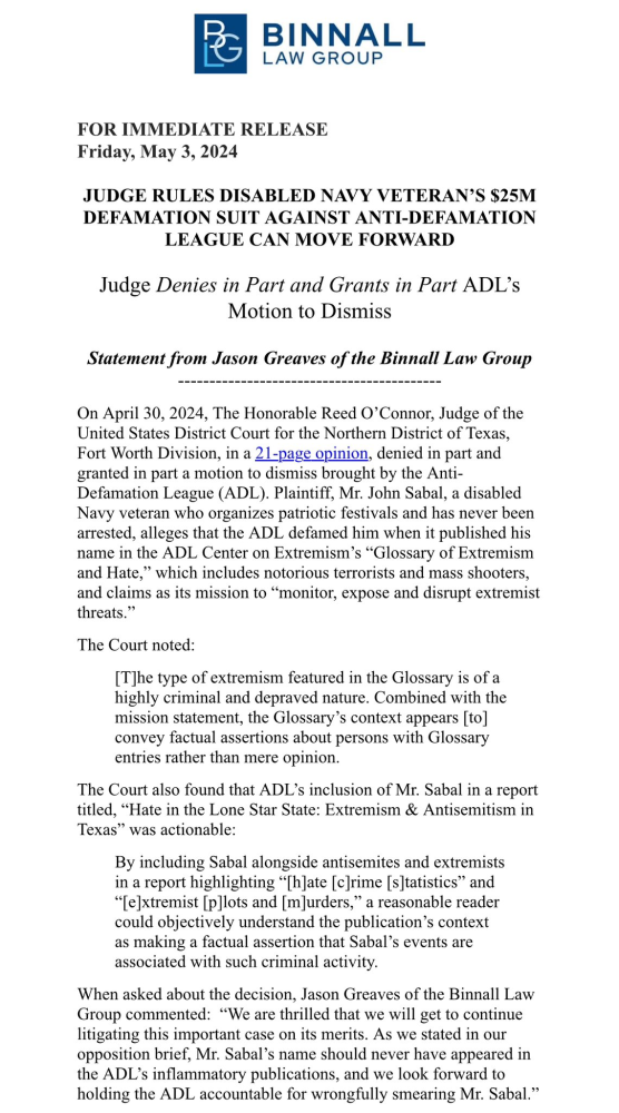 Update JUDGE RULES DISABLED NAVY VETERAN'S $25M DEFAMATION SUIT AGAINST ANTI-DEFAMATION LEAGUE CAN MOVE FORWARD Image