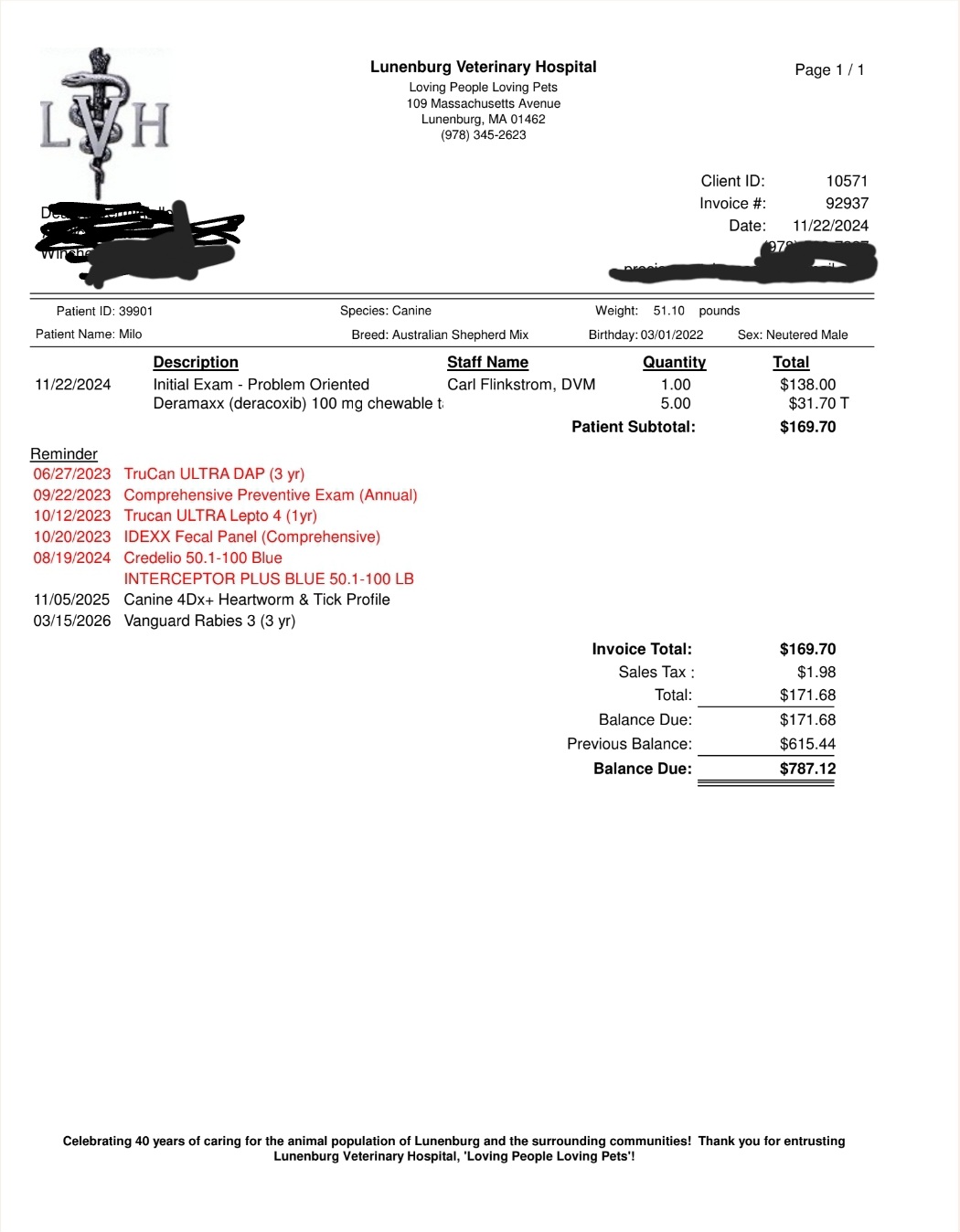 Update Initial exam bill with his Vet Image